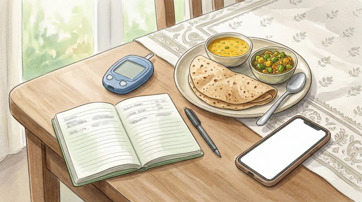 Glucometer, sugar log notebook, Indian meal and phone ready for an online diabetes consultation