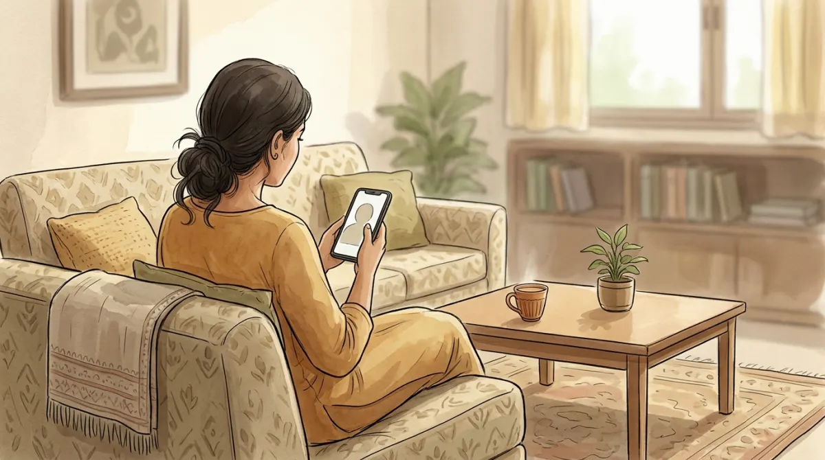 Person at home holding a phone for a private online anxiety consultation