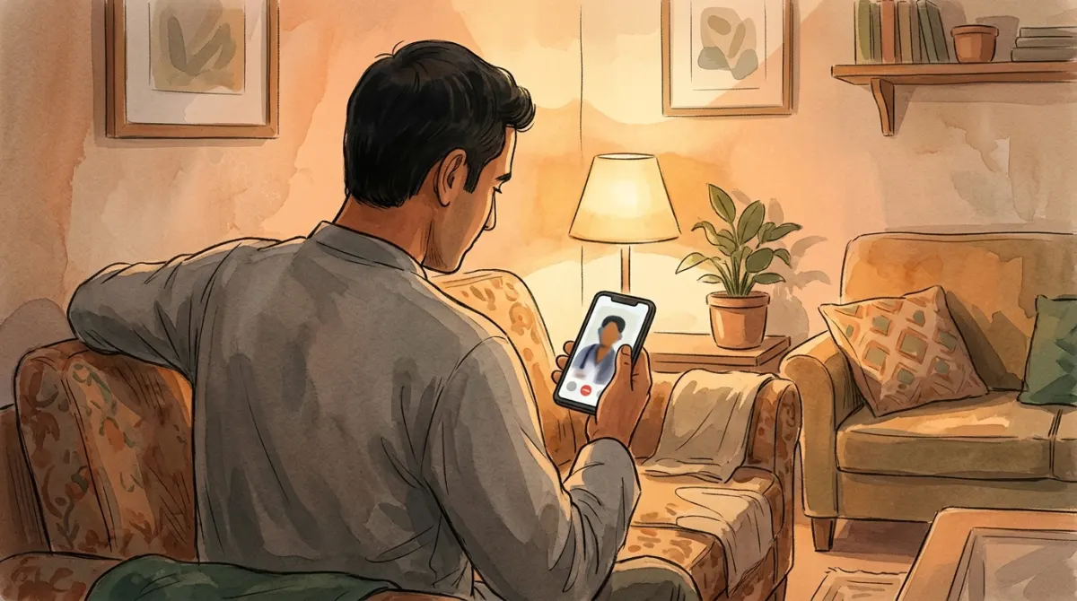 Man at home on a sofa having a private online doctor consultation on his phone